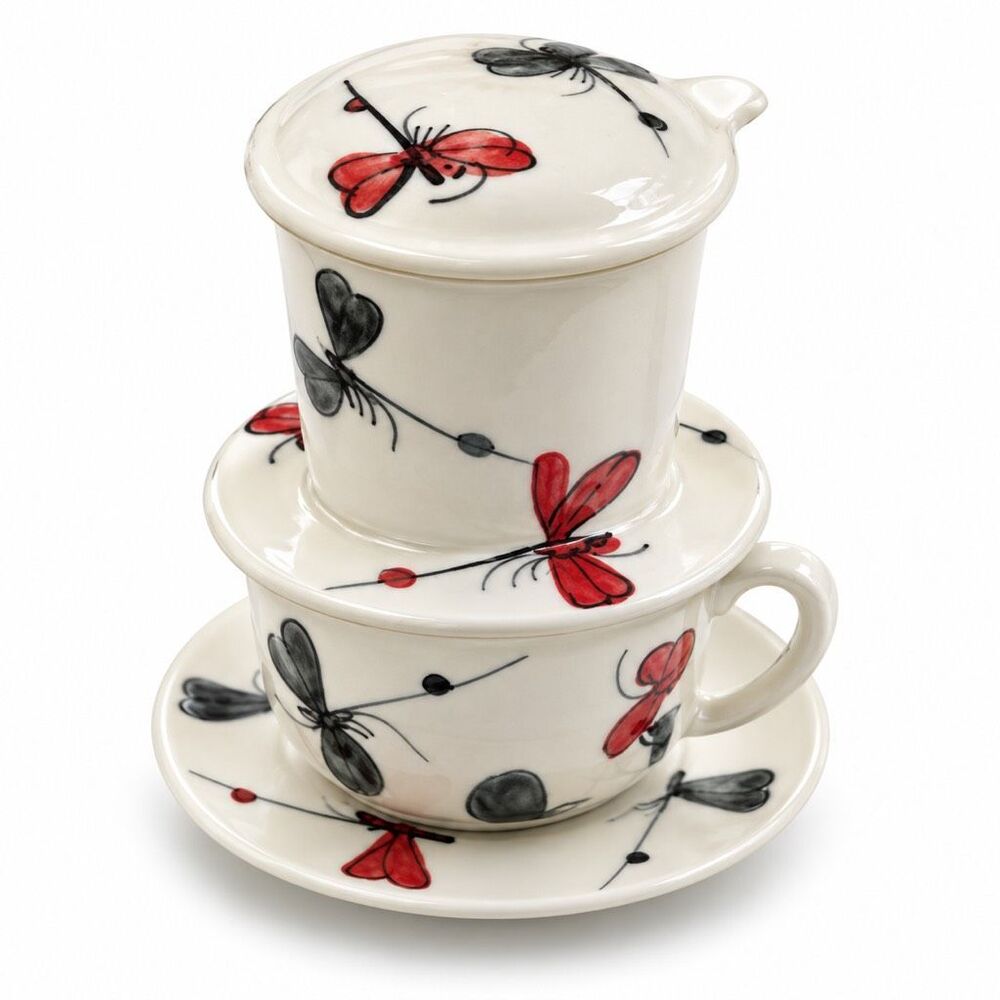 Bát Tràng Vietnamese Ceramic Phin Coffee Filter Cup Saucer Butterfly New